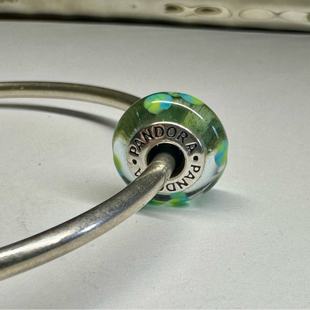 Pandora Teal Blue & Green Flowers Murano Glass Bead Charm #790607 S925 Retired